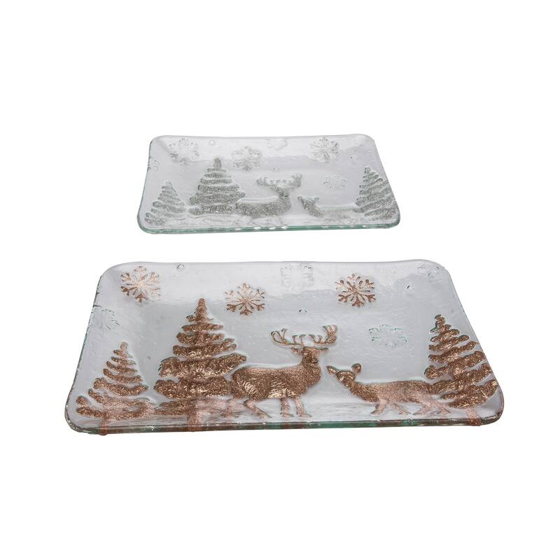Transpac Glass 12.2 in. Multicolor Christmas Winter Landscape Scene Platter Set of 2