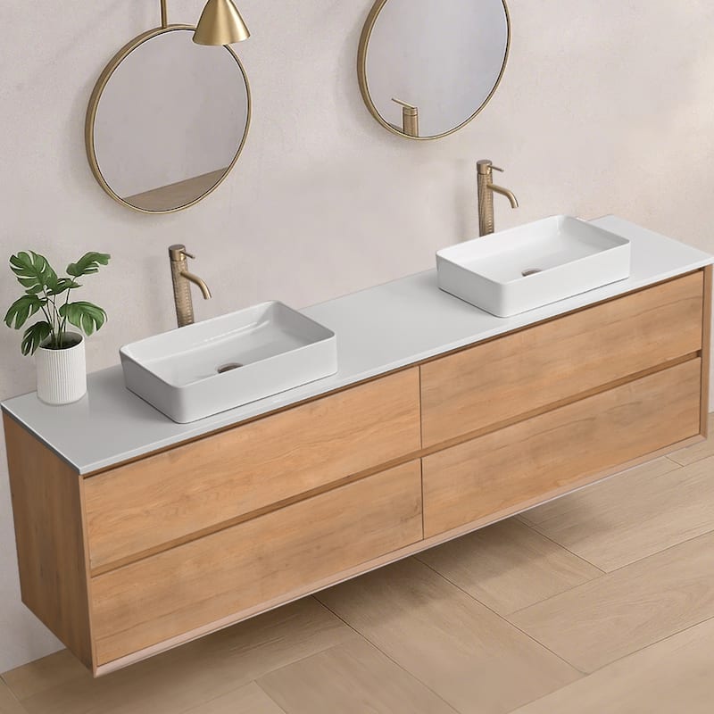 84" Floating Bathroom Vanity Quartz Counter Top with Double Ceramic Vessel Sink