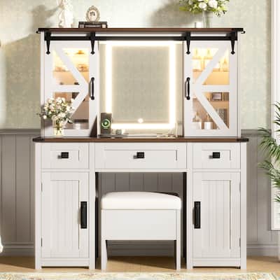 43.3" Farmhouse Vanity Set with LED Mirror & Charging Station