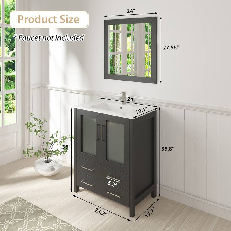 Vanity Art 24-Inch Single Sink Bathroom Vanity Set 2 Drawers, 1 Cabinet, 1 Shelf, Soft-Closing Doors with Free Mirror