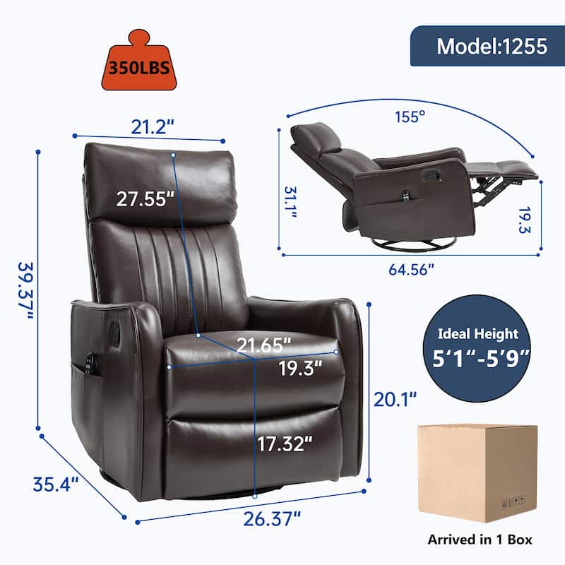 Faux Leather Heat Massage Manual Recliner Chair with Rocker and Swivel for Living Room