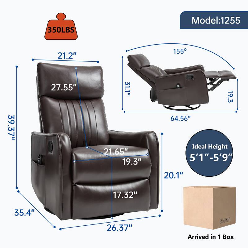 Leather Heat Massage Manual Recliner Chair with Rocker and Swivel in Fabric for Living Room