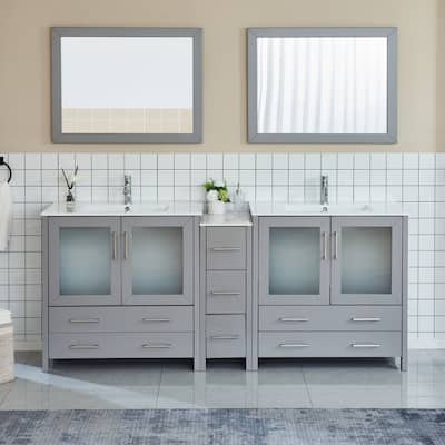 Vanity Art 84" Double Sink Bathroom Vanity Set 7 Dove-Tailed Drawers, 3 Cabinets, 2 Shelves, Soft-Closing Doors with Free Mirror
