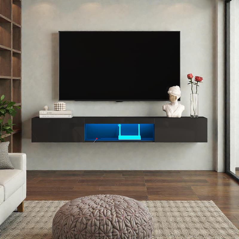 63" Floating TV Stand with 16-Color LED Lights, Wall Mounted Entertainment Center for 55-65 Inch TVs, Modern TV Cabinet - Black