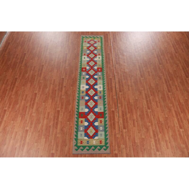 Hand Woven Oriental 100% Wool Carpet Southwestern Geometric Multi-Colored Kilim Runner Rug - 12' 9'' X 2' 7''