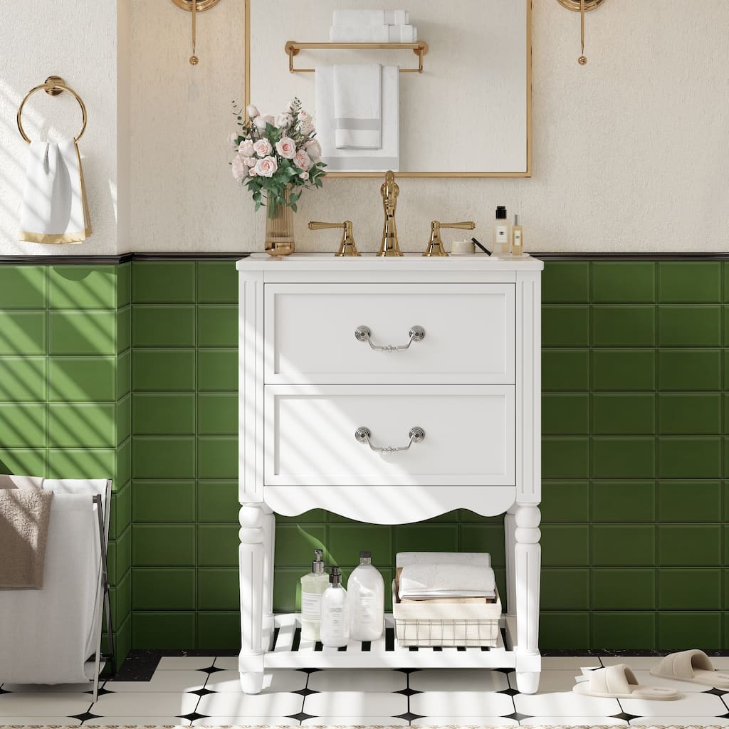 24" Bathroom Vanity with Ceramic Sink, Vintage Wave Design Cabinet with 2 Drawers and Open Shelf