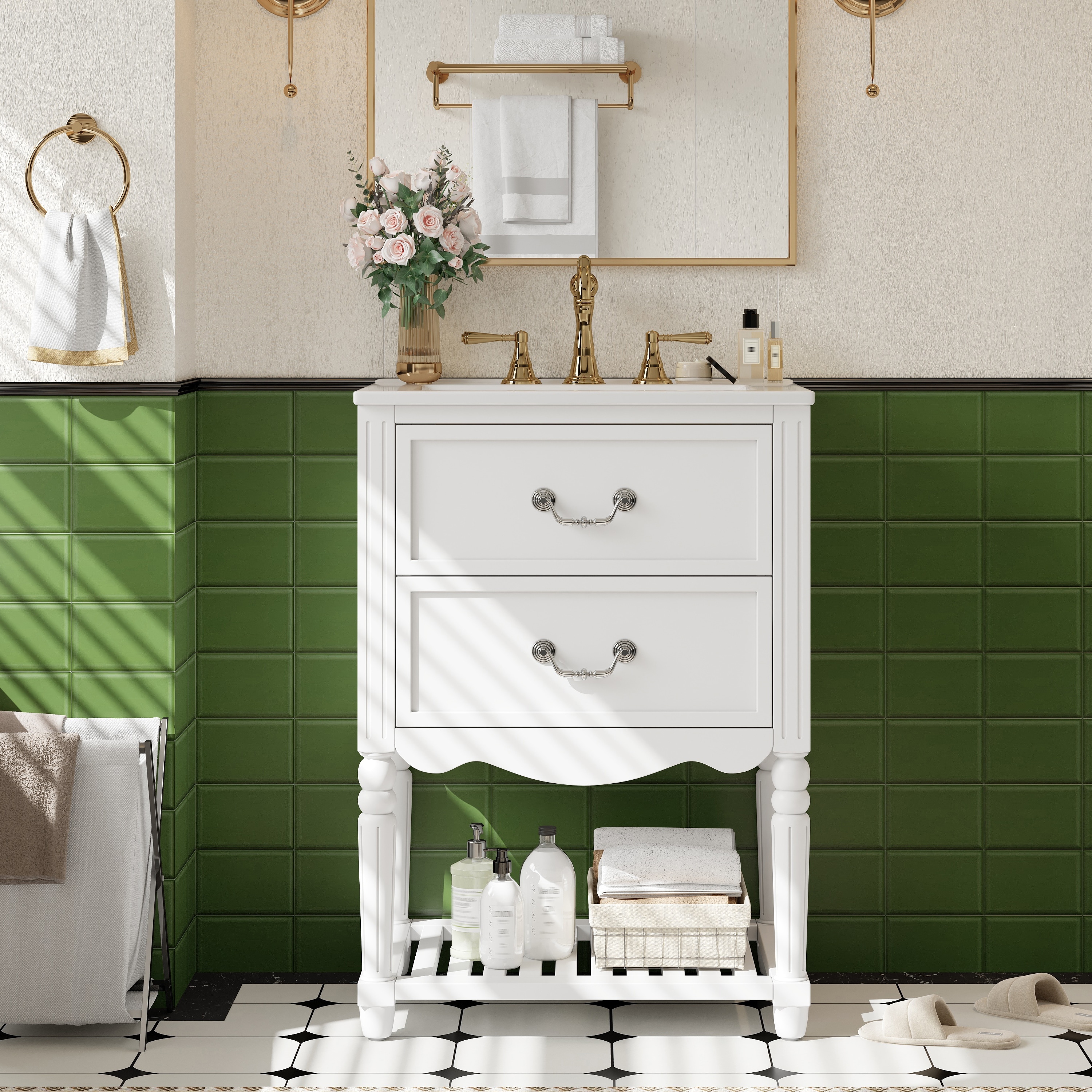 24" Bathroom Vanity with Ceramic Sink, Vintage Wave Design Cabinet with 2 Drawers and Open Shelf
