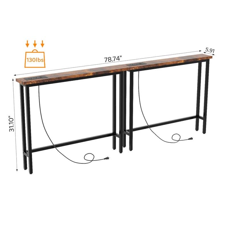 VINGLI Rust Brown 2-piece Set Melamine + Iron Hallway Table with Power Strip