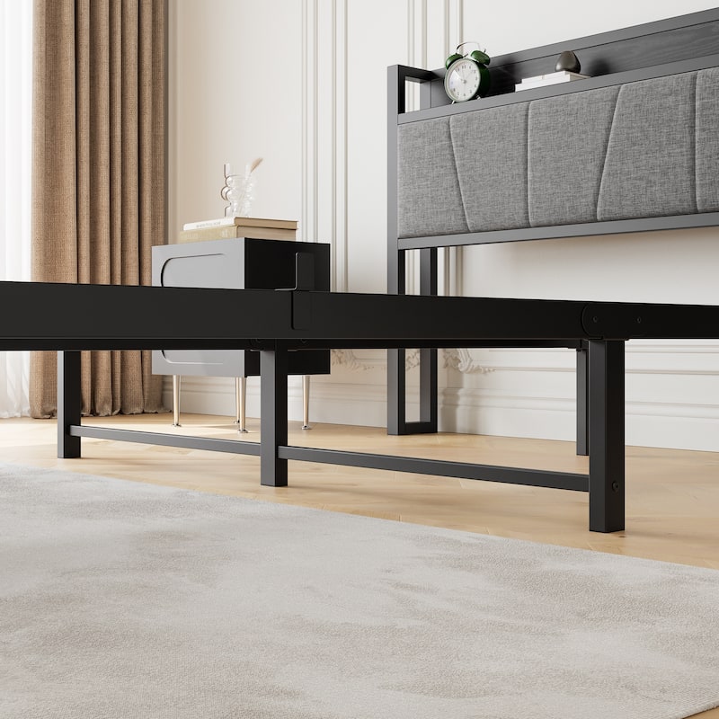 Queen Storage Bed Frame with Charging Station, Upholstered Headboard, No Box Spring Needed, Easy Assembly