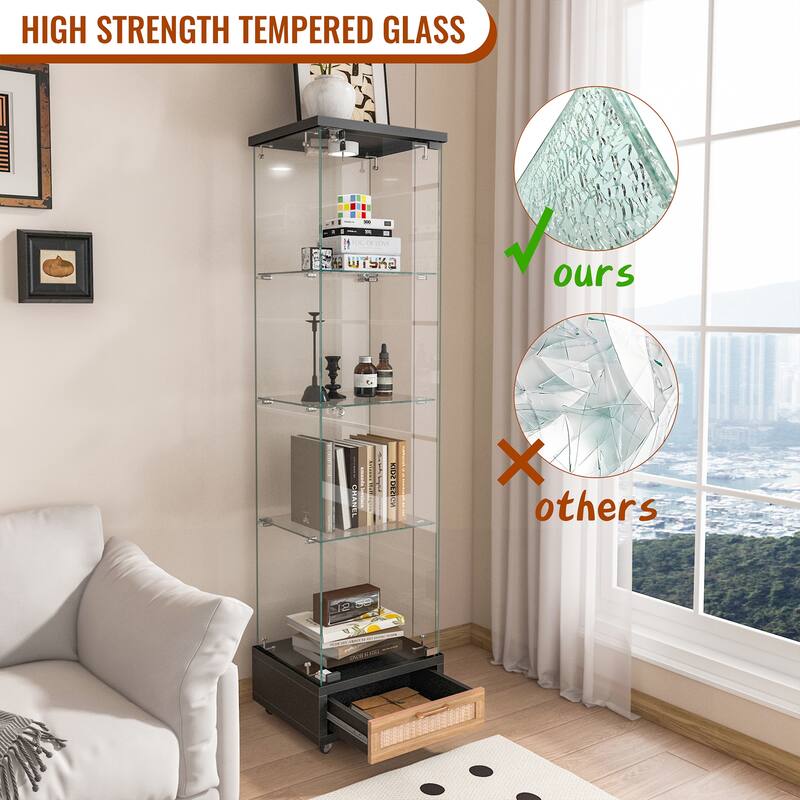 Glass Display Cabinet With Drawer,Cabinet With Led Lights,Tempered Glass Bookshelf, 1-Door Storage Case With 4 Shelves