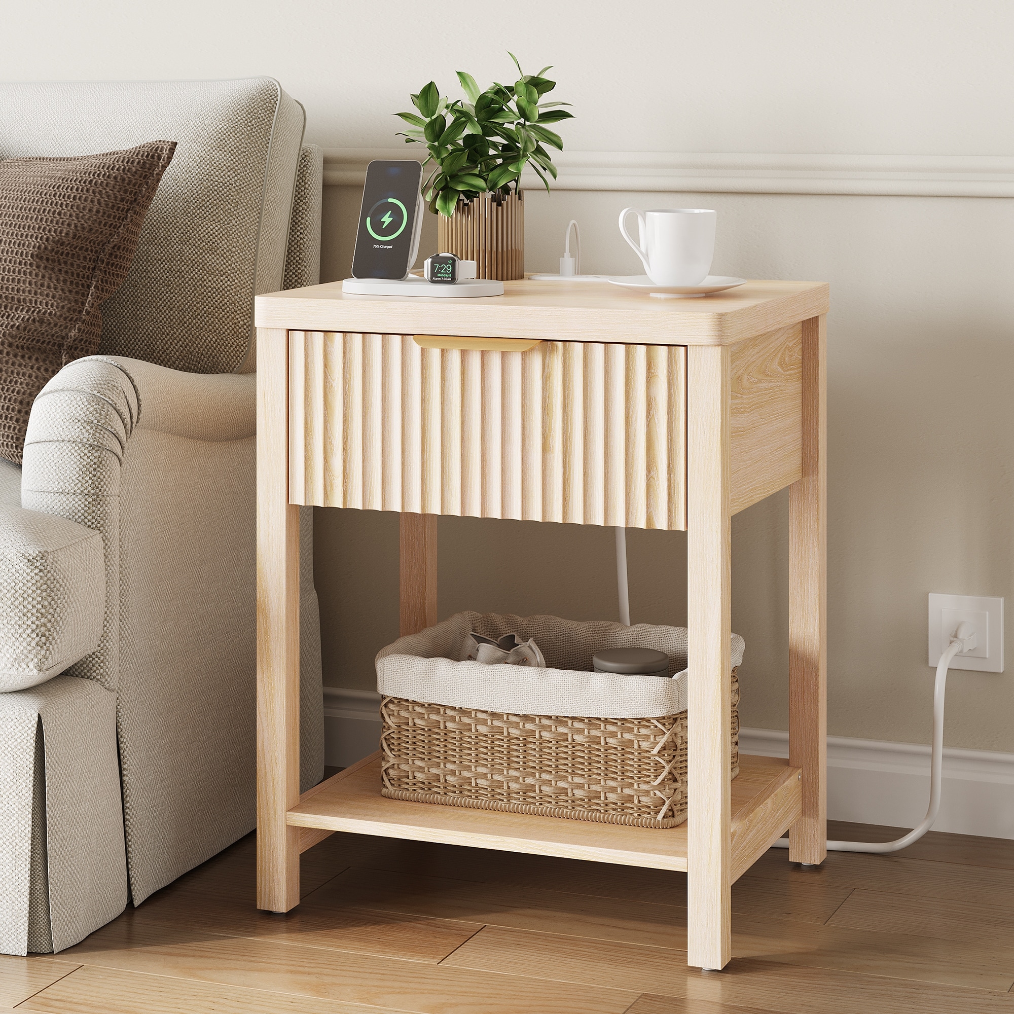 Nightstand with Drawers Fluted Bedside Table with Charging Station