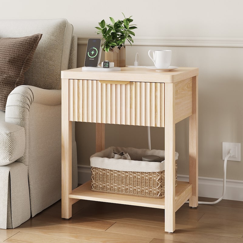 Nightstand with Drawers Fluted Bedside Table with Charging Station - Natural