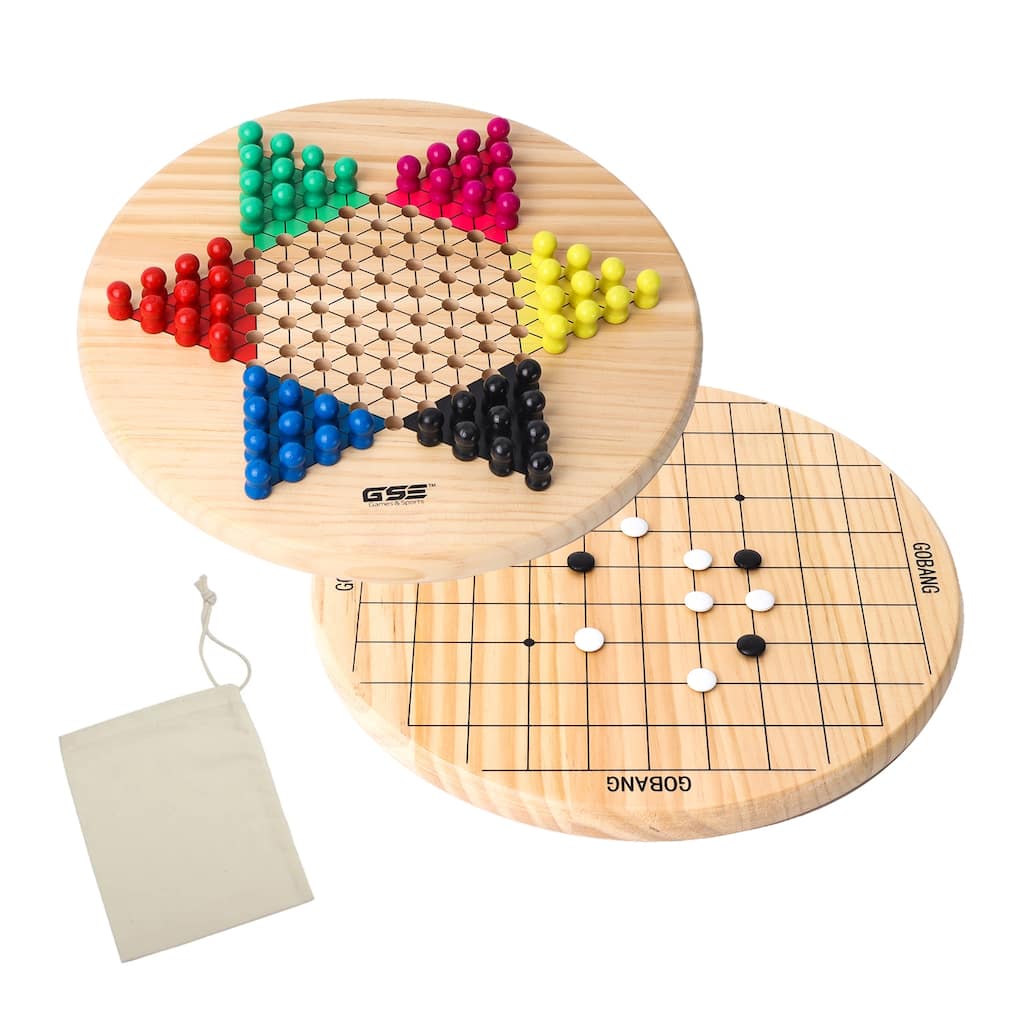 GSE 11.5" Wood 2-in-1 Chinese Checkers and Gobang Board Game with Wooden Pegs and Stones - 11.5-Inch