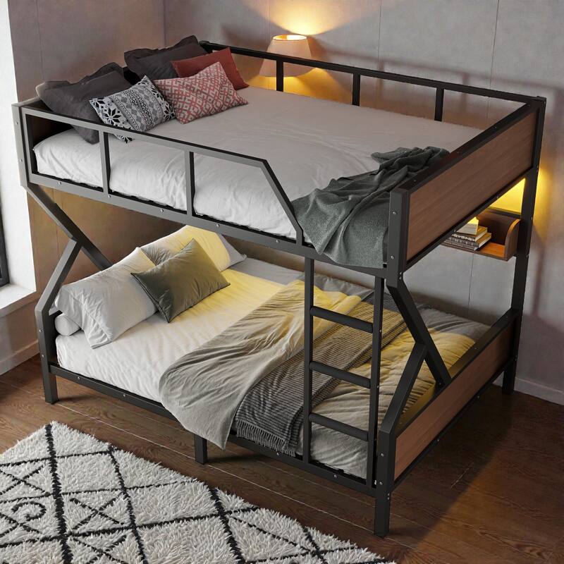 Metal Bunk Bed with Storage Shelves and LED Lights, Space Saving Noise Free Bunk Bed Frame with Guardrails