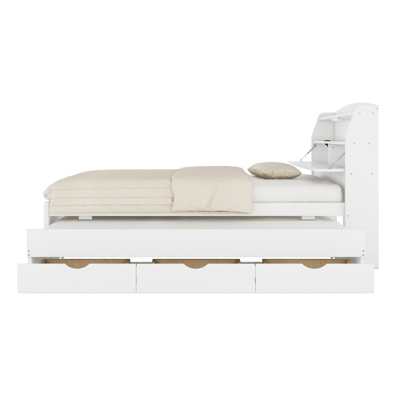 Wooden LED Bed with Trundle and Storage Headboard