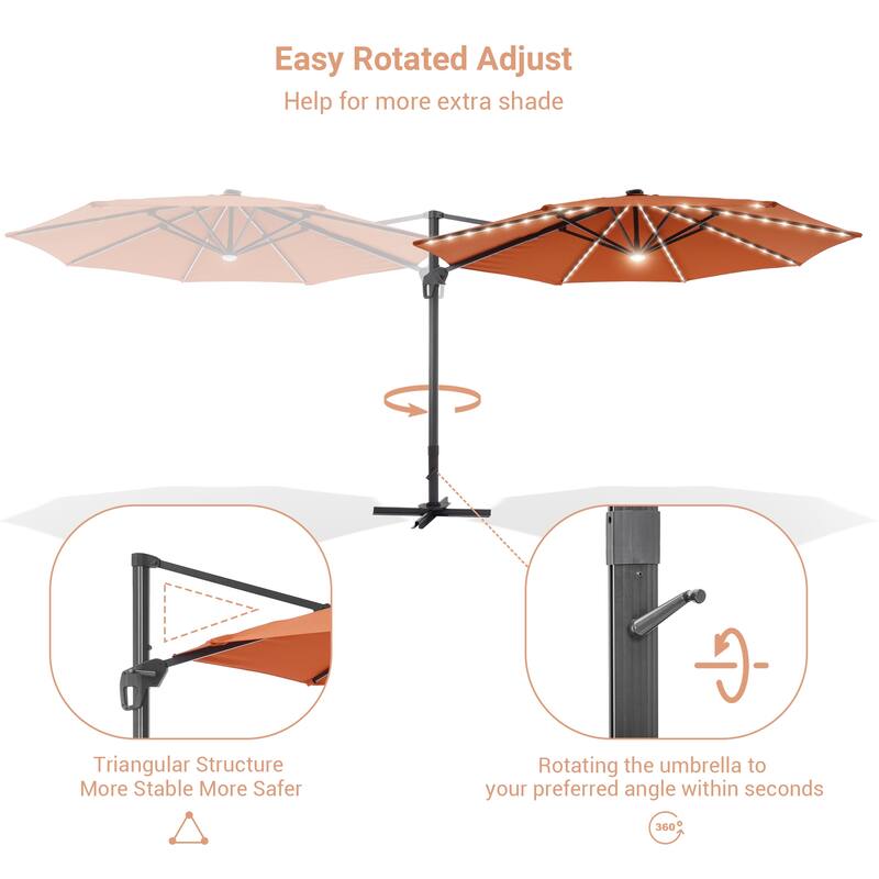 BONOSUKI 11FT LED Cantilever Patio Umbrella Angle Adjustment w/Cross Base