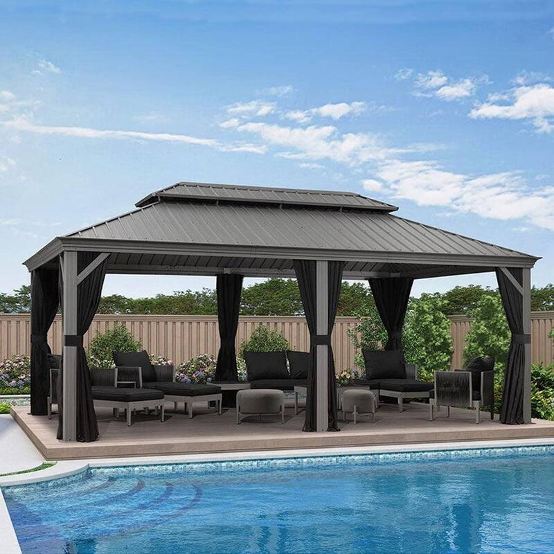 PURPLE LEAF 12' X 20' Hardtop Gazebo Outdoor Metal Double Roof Gazebo for Patio - Light Grey