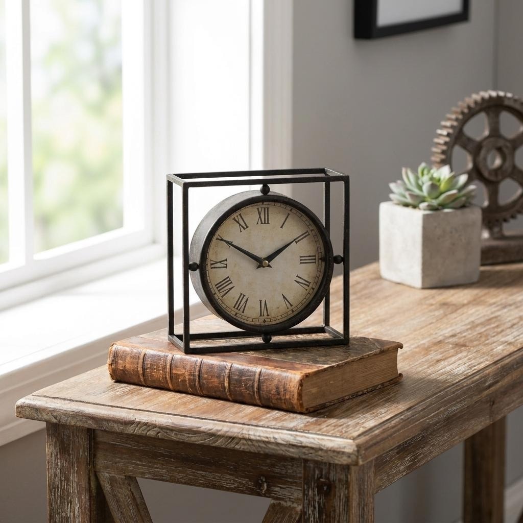 HomeRoots 3" Black Distressed Metal Table Clock - 3.05 in. x 3.05 in. x 1.28 in.
