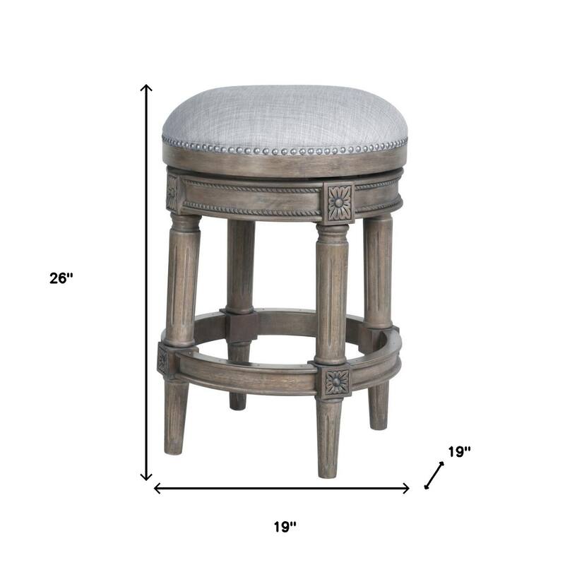 Linen Round Wood Swivel Stool with Nail Head Trim, Backless and Footrest
