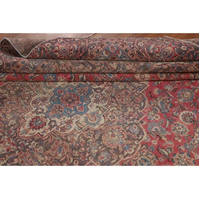 Traditional Pink Kashan Persian Vintage Rug Hand-Knotted Wool Carpet - 9'0"x 11'9"