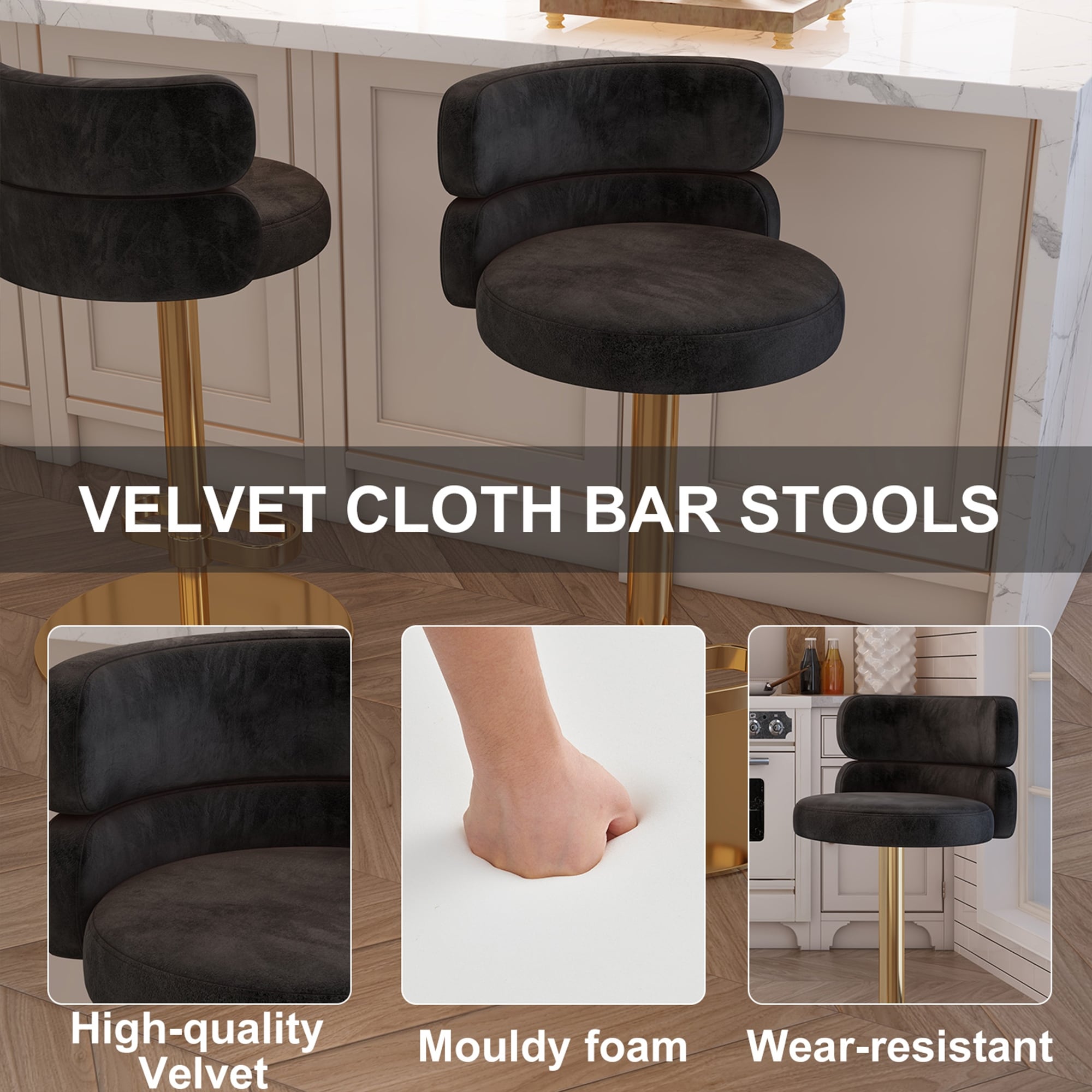 Modern Velvet Bar stool with Height Adjustable and Swivel