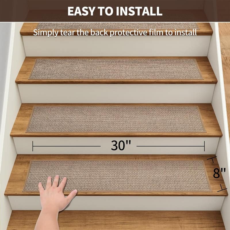 15pcs Upgraded Self Adhesive Backing Non Slip Stair Carpets, Linen Stair Treads for Indoor 30x8 in - 6' x 7'