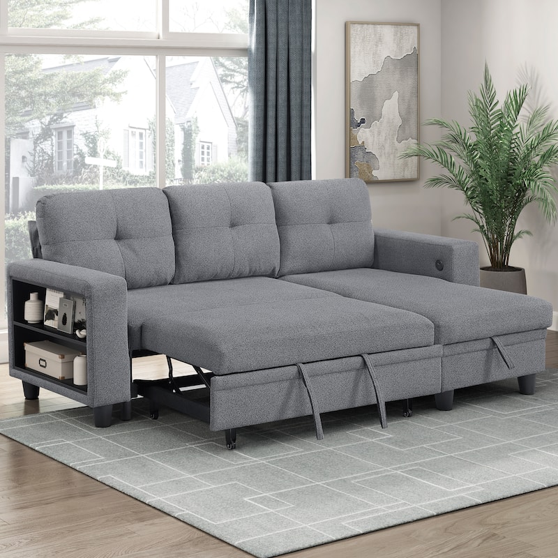 Hazel Boucle Sectional Sofa - Reversible Chaise, Pull-out Bed, Shelves