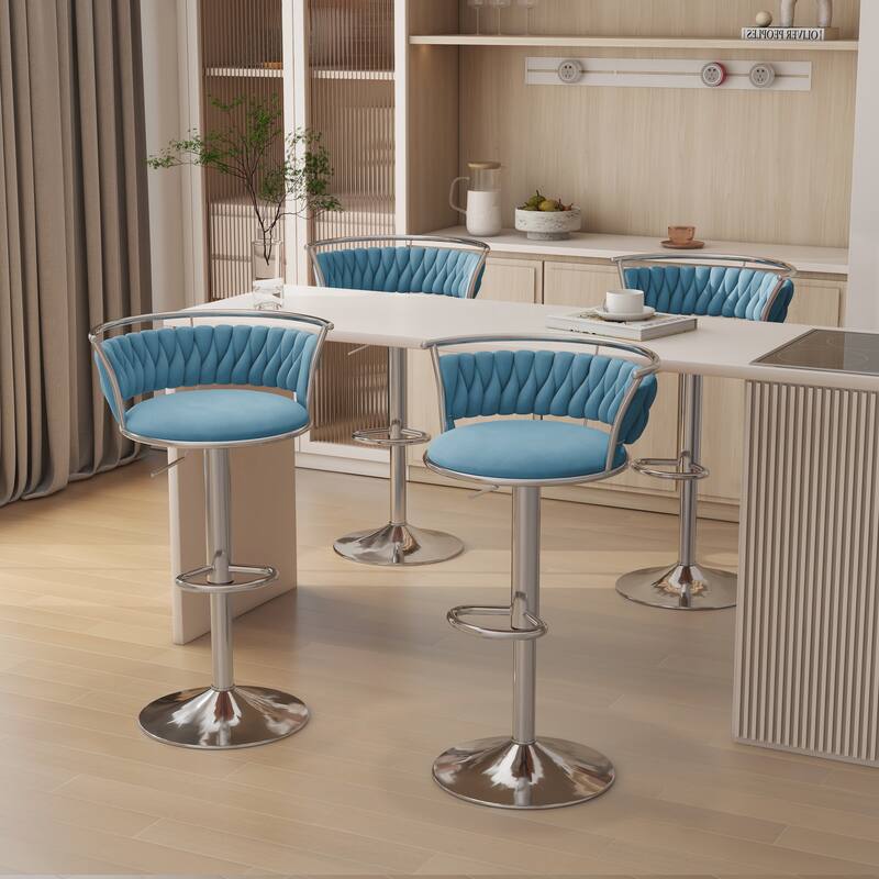 Modern Velvet 26" Adjustable Swivel Bar Stools (Set of 4) - Set of 4 - Blue-Silver