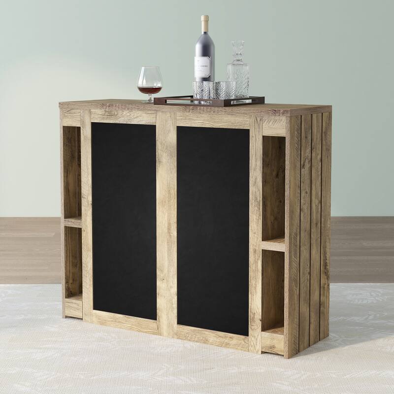 DH BASIC Farmhouse Weathered Oak 9-Open Shelf Home Bar with Chalkboard Menu Signs by Denhour