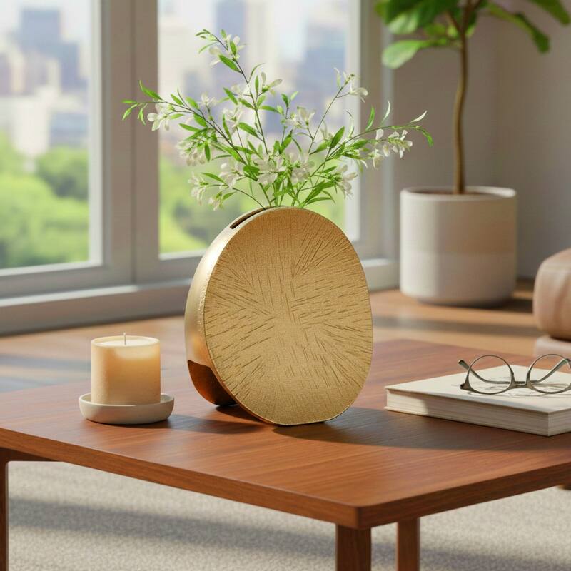 Metal Etched Textured Surface Oval Vase - Gold, 8"