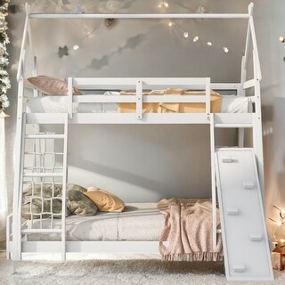 Playful Design Twin over Queen House Bunk Bed with Climbing Nets and Climbing Ramp