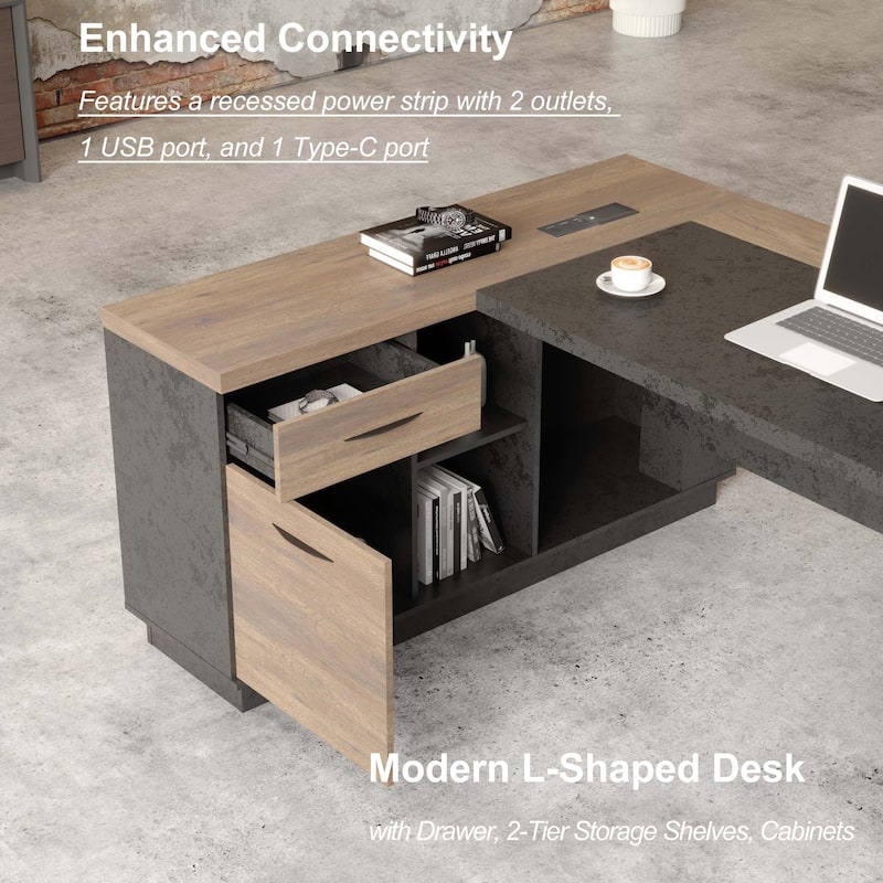 WESOME 78.74in Modern L-Shaped Executive Desk with Drawer 2-Tier Storage Shelves Cabinets