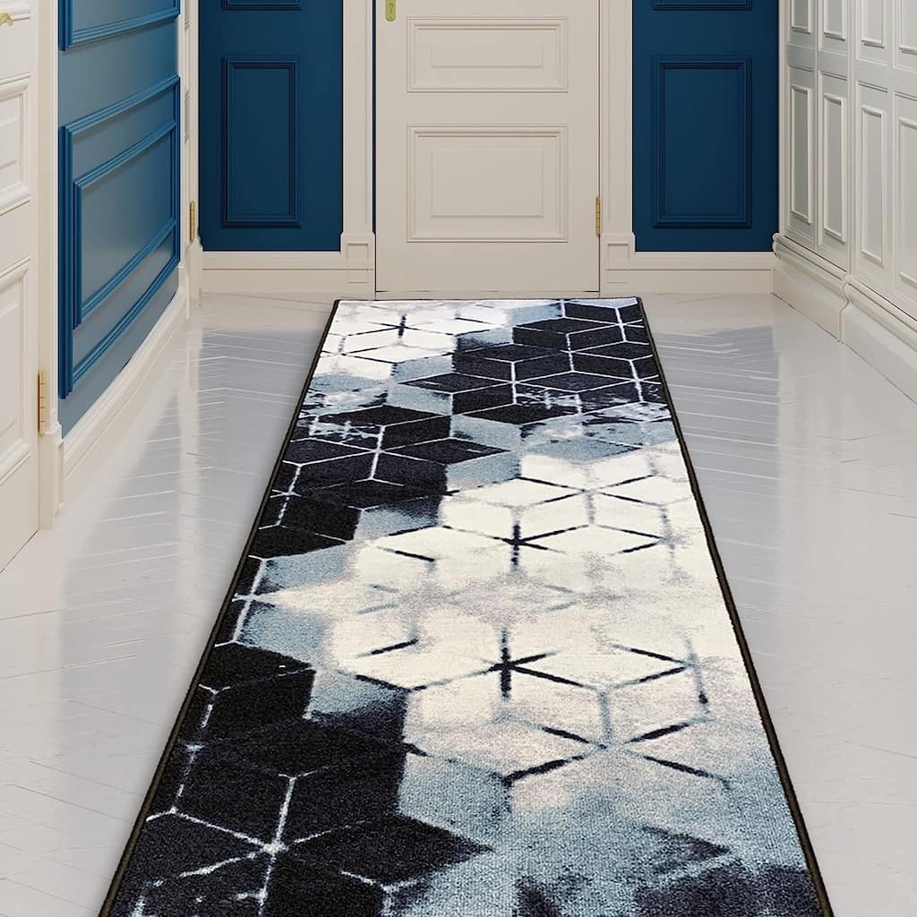 Custom Size Cubes Abstract Design Blue,Beige Color Non-Slip Rubber Backing-26 Inch WidexYour Choice of Length Runner Rug