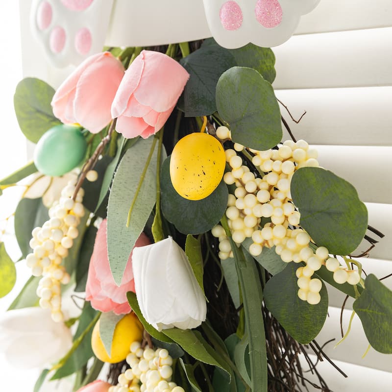 Glitzhome Easter Bunny Door Hanger with Eggs Tulip Teardrop Carrot Spring Wall Decor