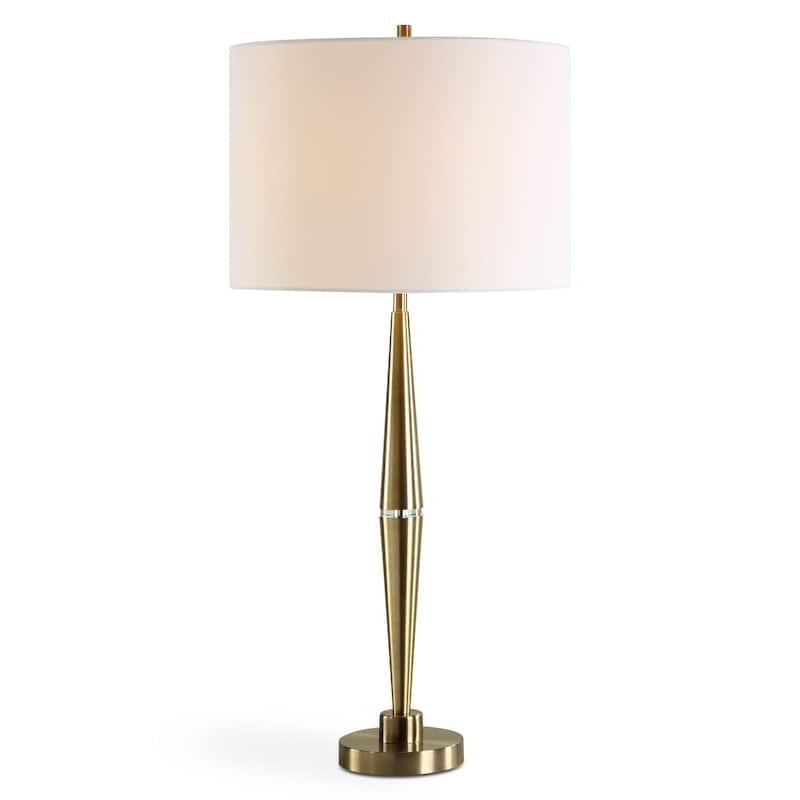 Modern Accent Table Lamp, White Linen Drum Shade, Gold Metal Tapered Base
