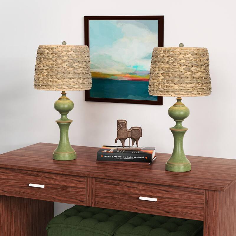 Poly Rattan Table Lamp with Weaved Grass Shade