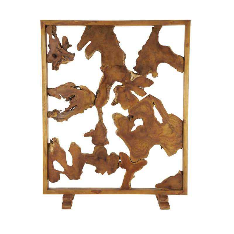 Teak Wood Tall Live Edge Freestanding Partition Room Divider Screen with Large Tree Trunk Pieces - Brown - Roche River Decor
