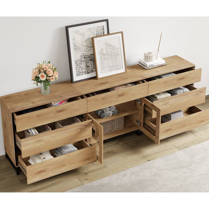 WAMPAT 3 in 1 Dresser with Glass Doors and 7 Drawers, Modern Chest of Drawers with Adjustable Shelf and Metal Base for Bedroom