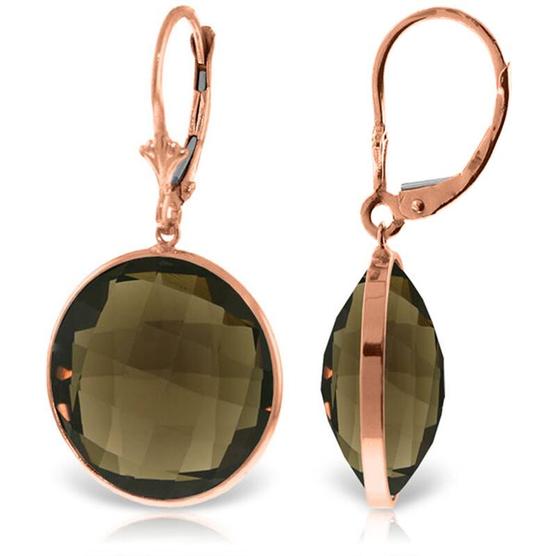 14K Solid Gold Leverback Gemstone Earrings Round Smoky Quartz - Rose