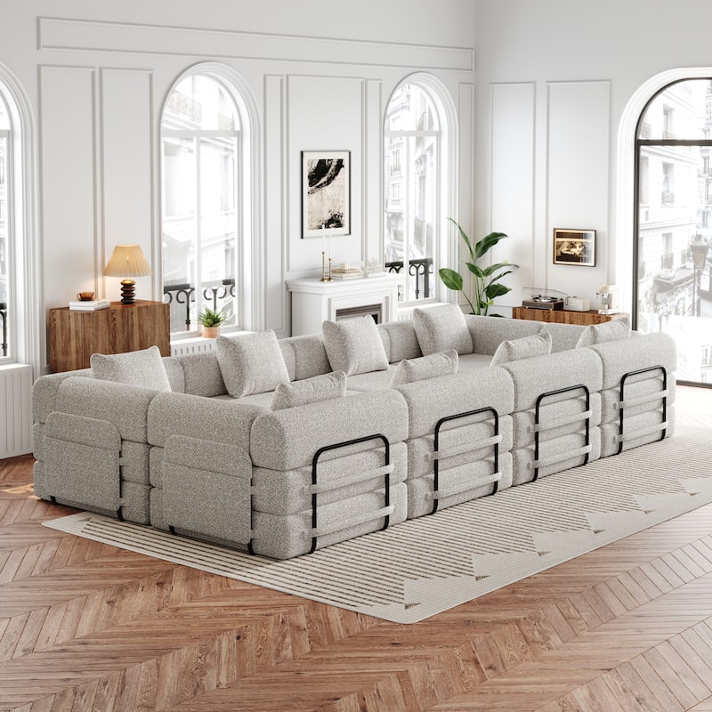 8 Seater Folding Couch Modular Chenille Sectional Sofa Freely Combined Sleeper Sofa Bed with Storage Pockets and Anti-slip Pads