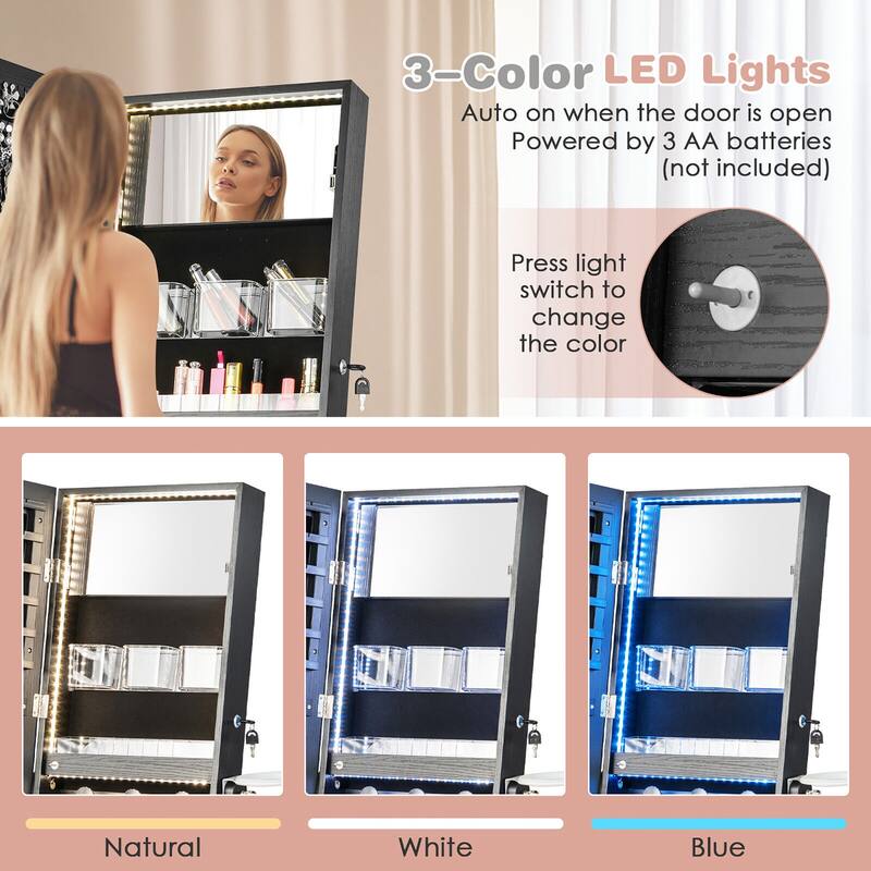 Gymax Standing Jewelry Cabinet Full Length Mirror Lockable w/ 3-Color
