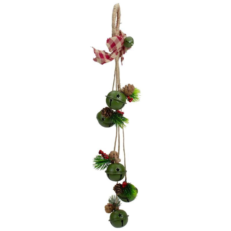15-Inch Pine Green Jingle Bell Christmas Door Hanger with Plaid Bow