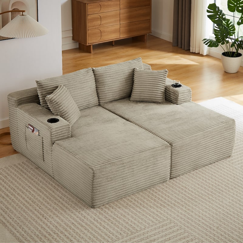U-Shaped Modular Sectional Sofa with Dual Chaise Lounges, Corduroy Cloud Couch with Cup Holders, Compressible Deep Seat Sofa