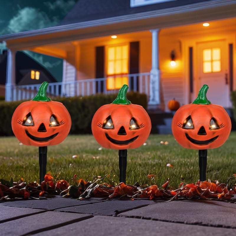 LED Lighted Jack-O-Lantern Outdoor Halloween Pathway Markers - 14.5" - Set of 3