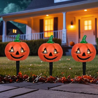 LED Lighted Jack-O-Lantern Outdoor Halloween Pathway Markers - 14.5" - Set of 3