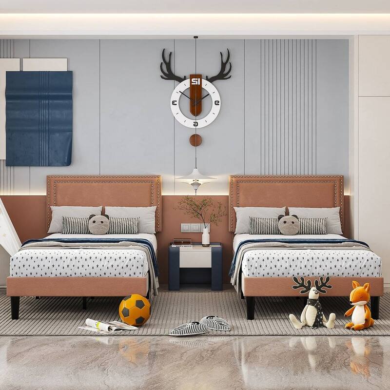 Set of 2 Twin Size Tufted Upholstered Platform Beds Dorm Style Minimalist Metal Frame with Slats No Box Spring Needed
