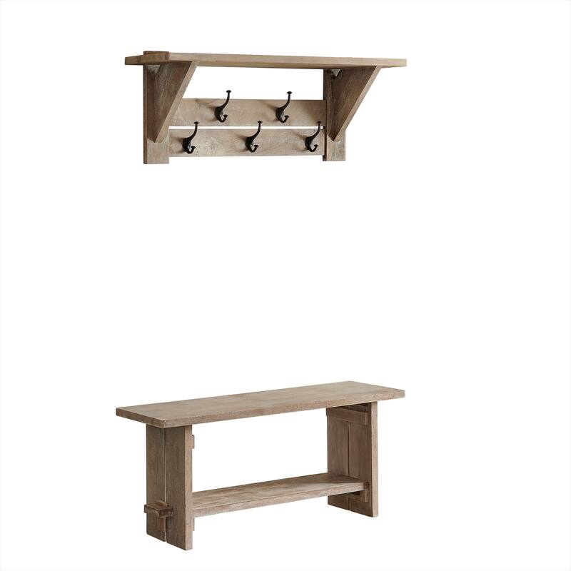 Castleton Mango Wood 40"W Bench and Coat Hook with Shelf