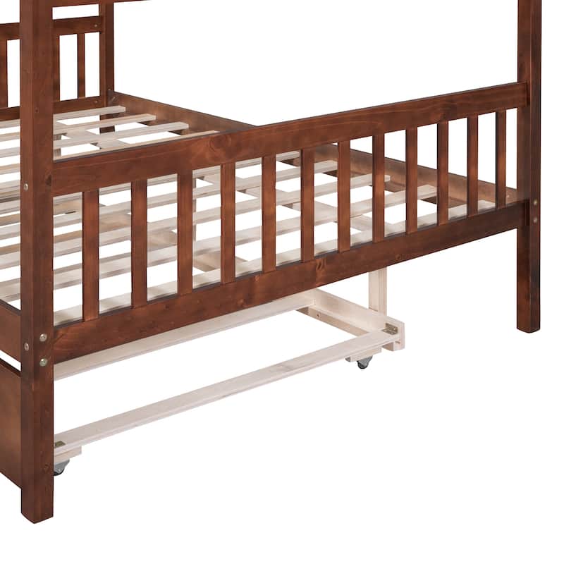 Creativity House Bed Twin/ Full Size Frame with Trundle for Boys Girls, Wood Platform Bed with Roof No Box Spring Needed