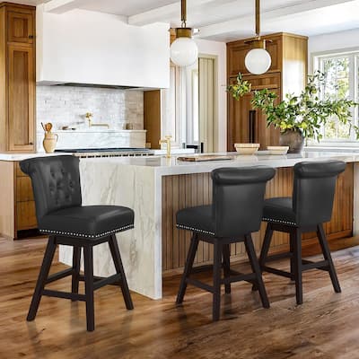 26 in. Set of 3 Upholstered Bar Stools Counter Height Barstool 360° Swivel with Curved Backrest, Armless Stool
