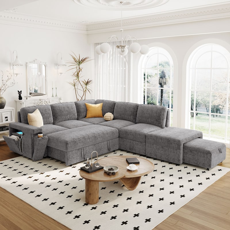 Grey 90.6'' L-Shaped 6-Seat Modular Sofa with Built-In Storage and USB Ports